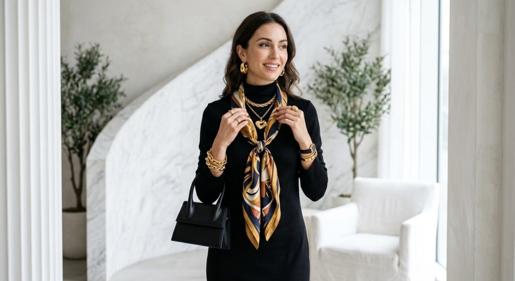 A high-end editorial shot of a stylish woman accessorizing a minimalist outfit with a chic silk scar