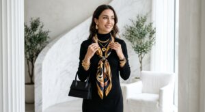 A high-end editorial shot of a stylish woman accessorizing a minimalist outfit with a chic silk scar