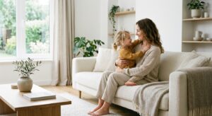 A high-quality, editorial-style lifestyle photograph of a calm mother and her young child sharing a