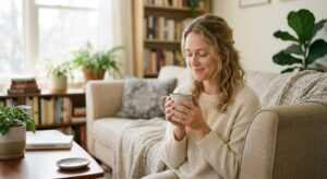 A soft-focus, editorial-style portrait of a calm, serene mother sitting in a cozy, sunlit living roo