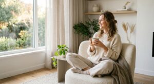 A serene, editorial-style photograph of a relaxed woman enjoying a quiet moment of self-care with a