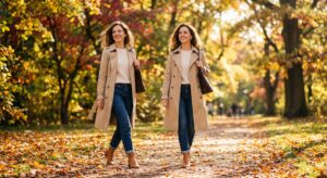 A stylish woman in a chic, high-quality trench coat walking through a crisp, sun-drenched autumn par